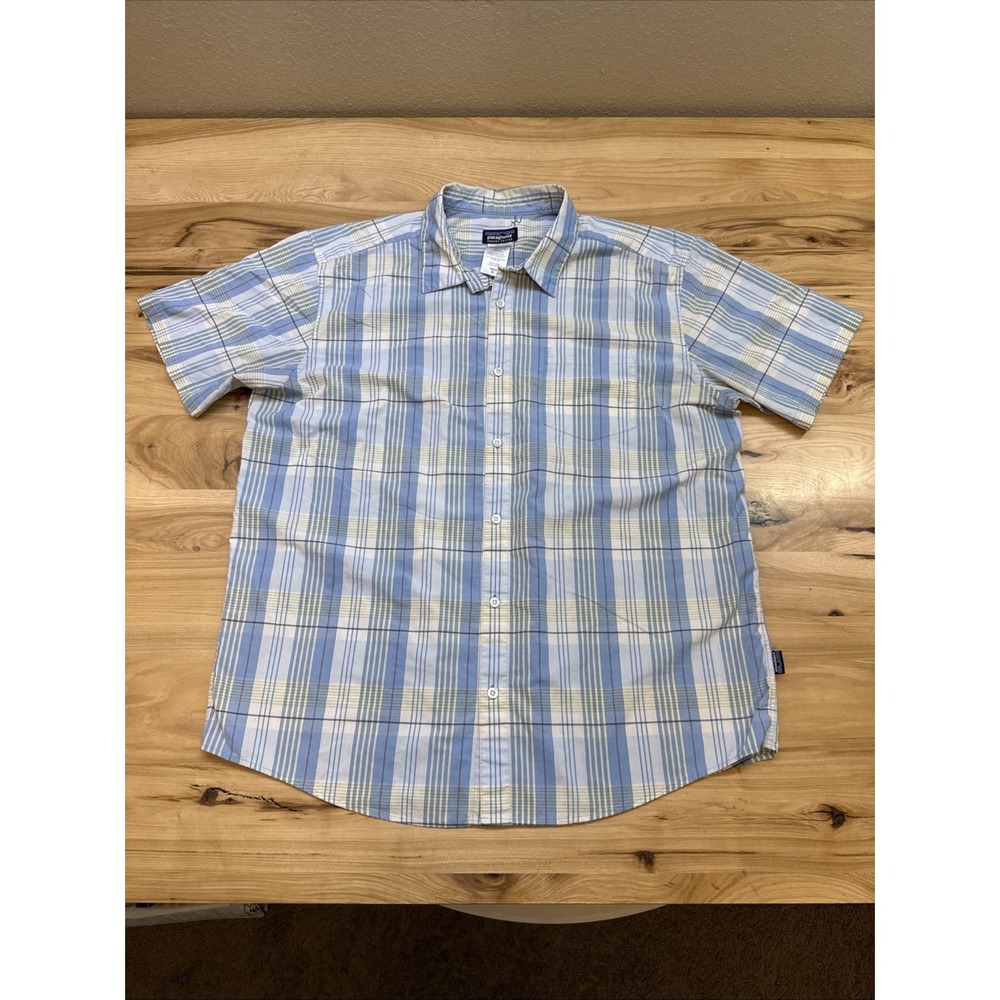 Patagonia Shirt XL Mens Blue Green Short Sleeve Button Down Cotton Poly Plaid